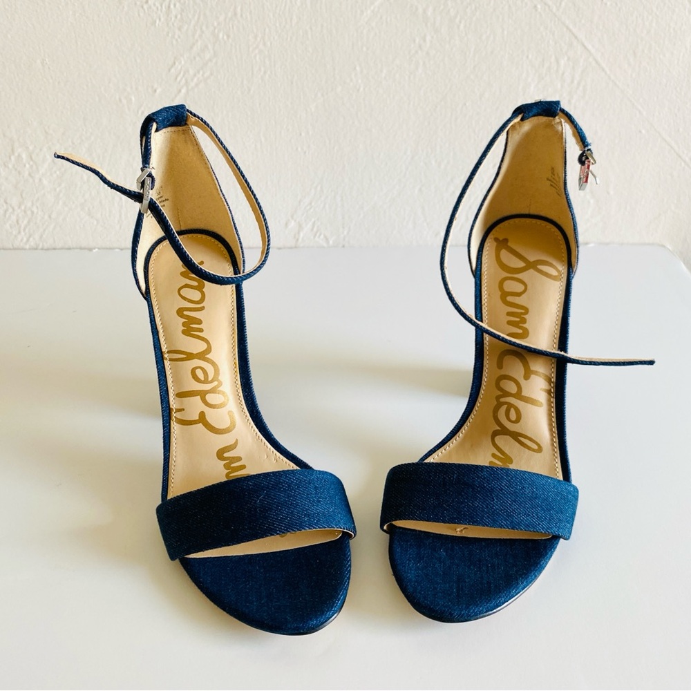 Sam Edelman Yaro Shoes 8 Navy Blue Denim Ankle Strap Block Heels Open Toes NWOT - Picture 3 of 16